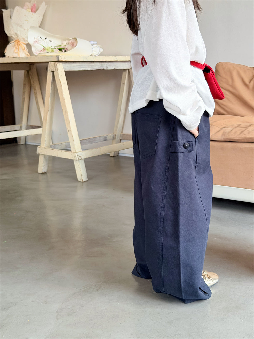 【90-150cm】韓版水洗棉直筒拼接休閒褲