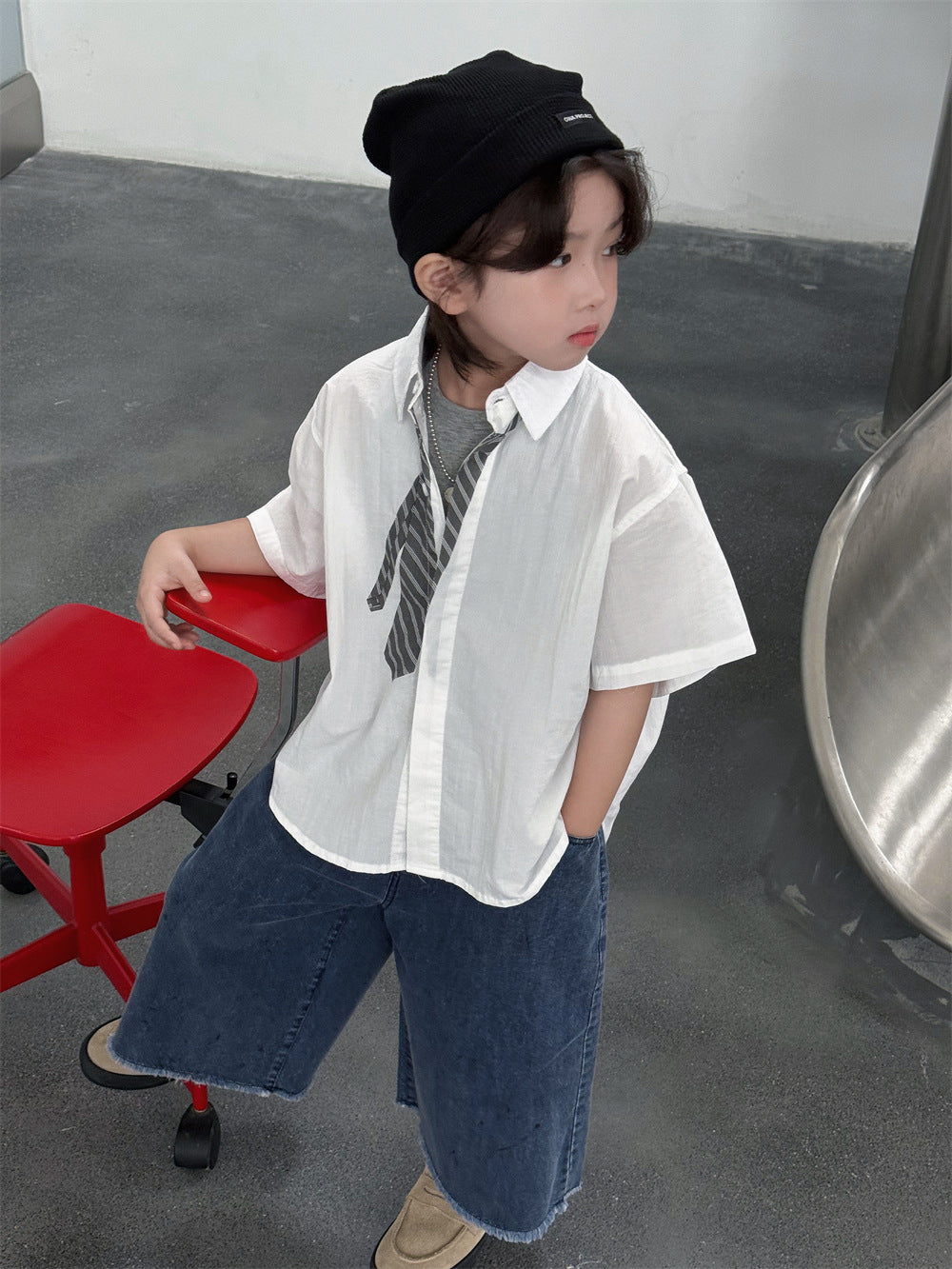 【100-160cm】做舊牛仔闊腿八分褲