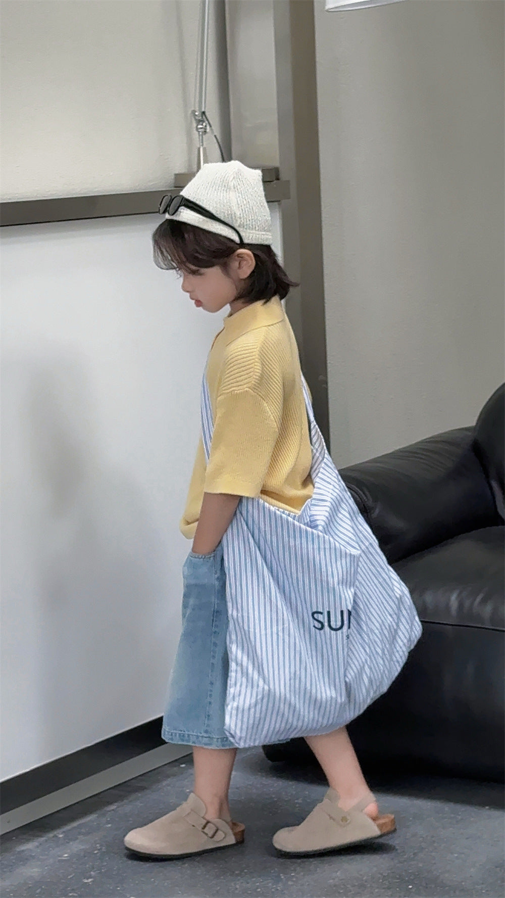 【100-160cm】腰包牛仔做舊休閒八分褲