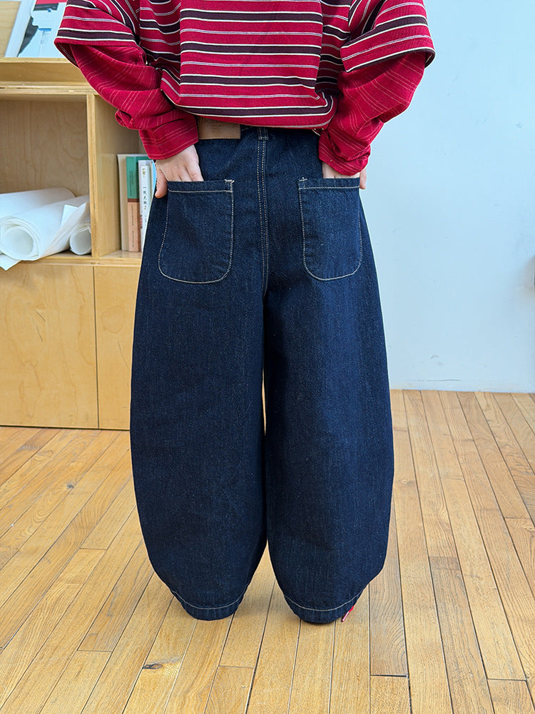 【100-170cm】原色復古彎刀牛仔褲
