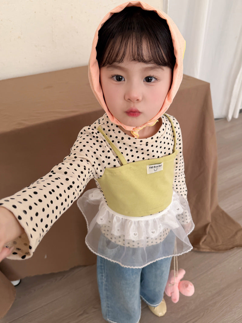 【90-140cm】假兩件長袖圓點吊帶拼色上衣