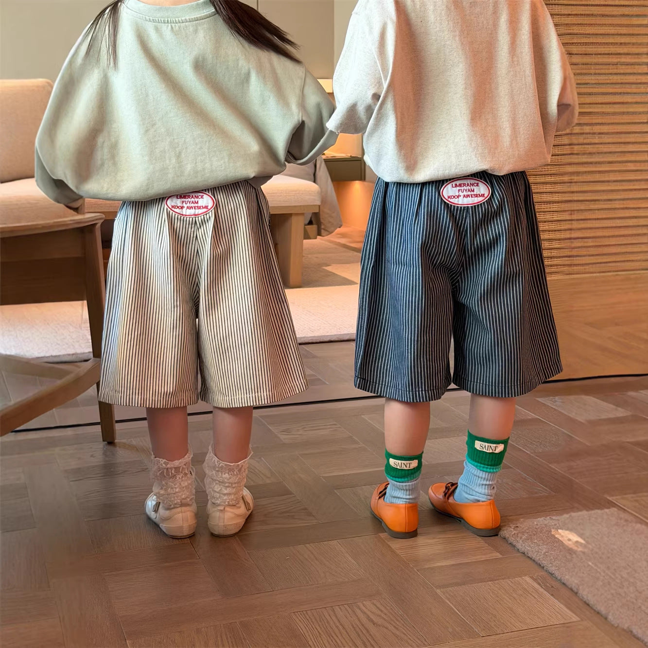 【90-150cm】日系條紋貼標牛仔五分褲