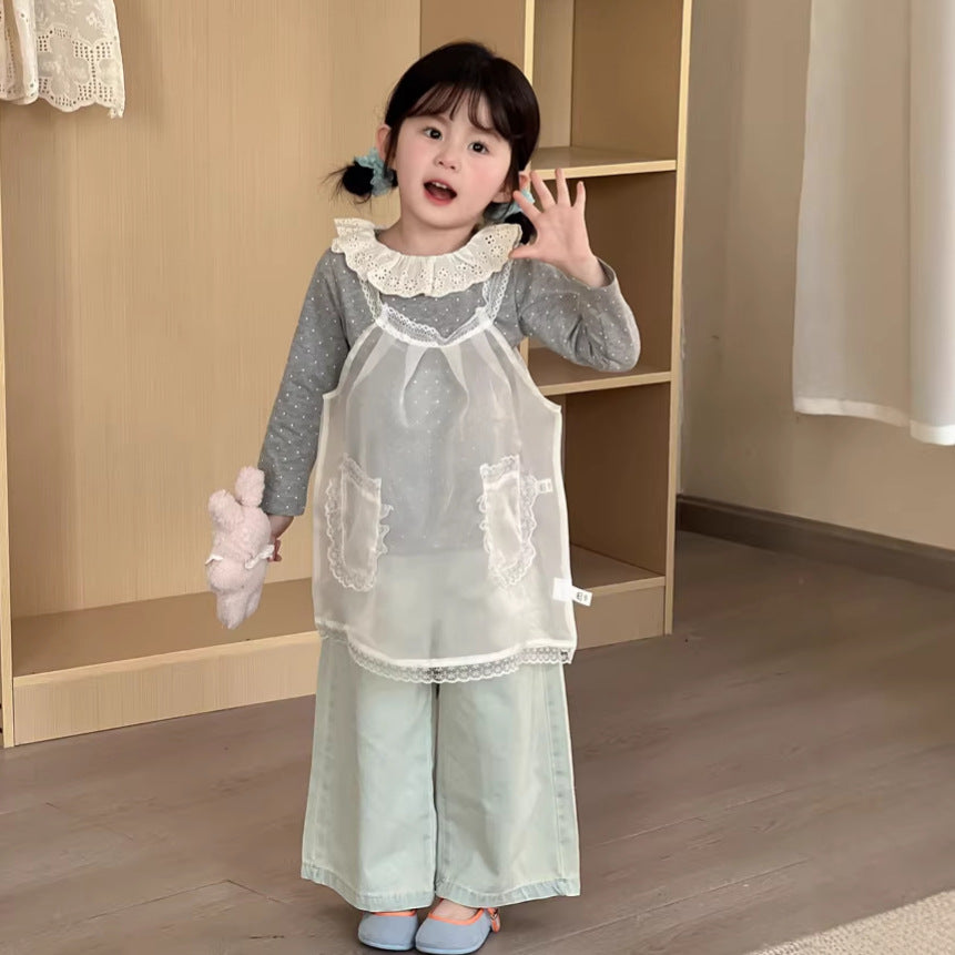 【90-140cm】蕾絲網紗連身裙 |花邊罩衫吊帶裙外穿上衣