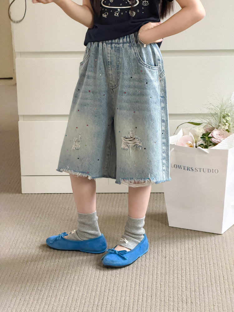 【100-170cm】隨性鬆弛感甜酷碎鑽水洗牛仔七分褲