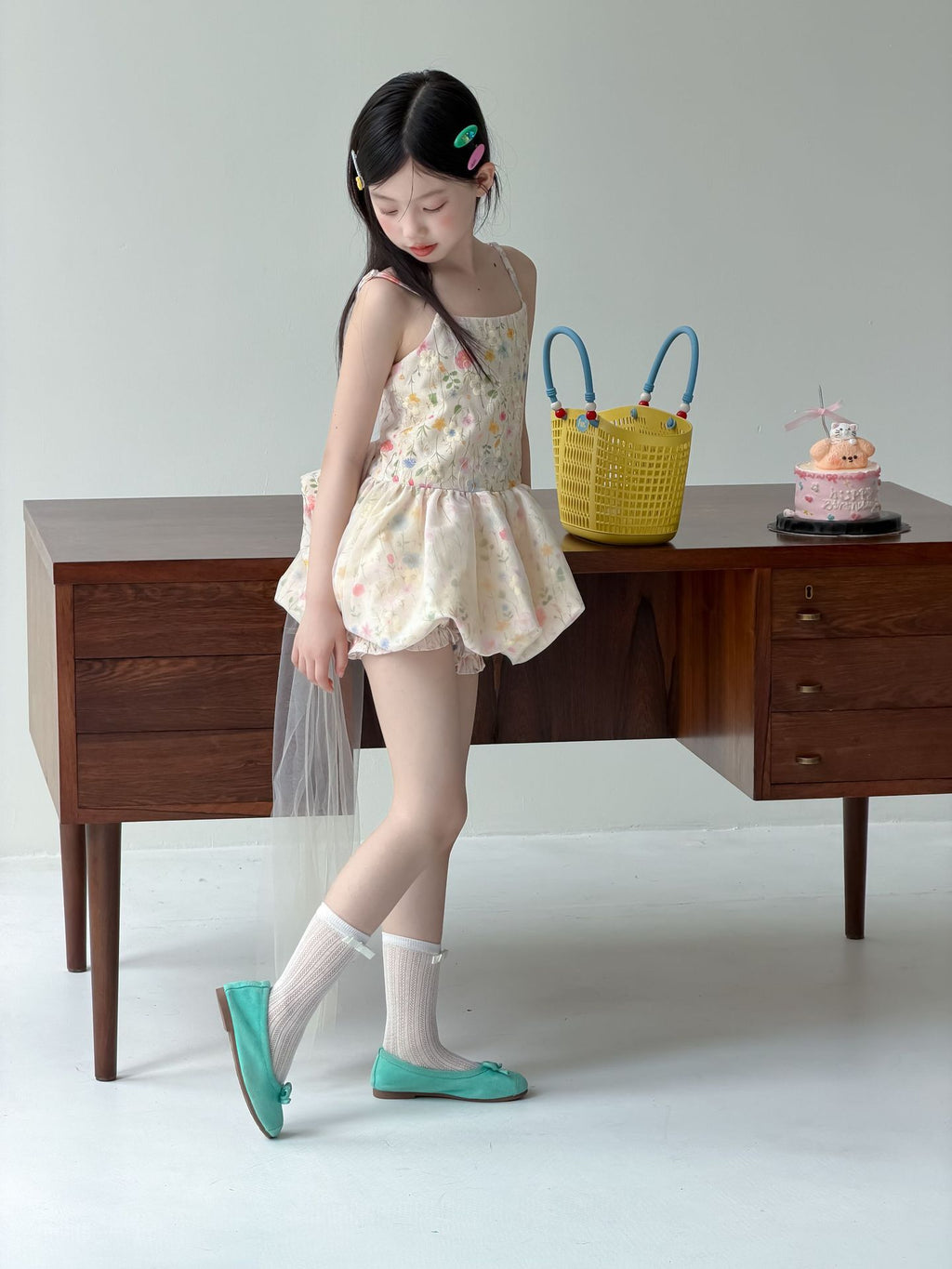 【90-160cm】碎花蝴蝶結網紗拖尾公主裙