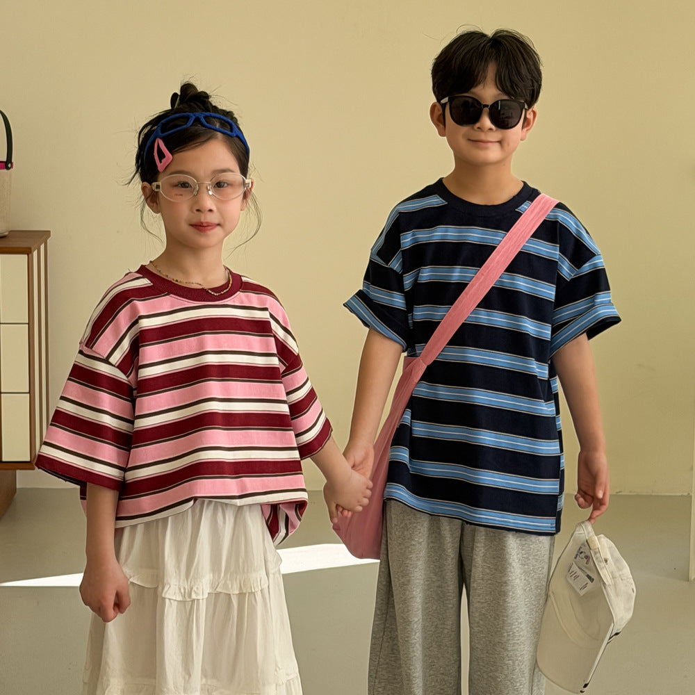 【100-160cm】寬條紋寬鬆圓領上衣