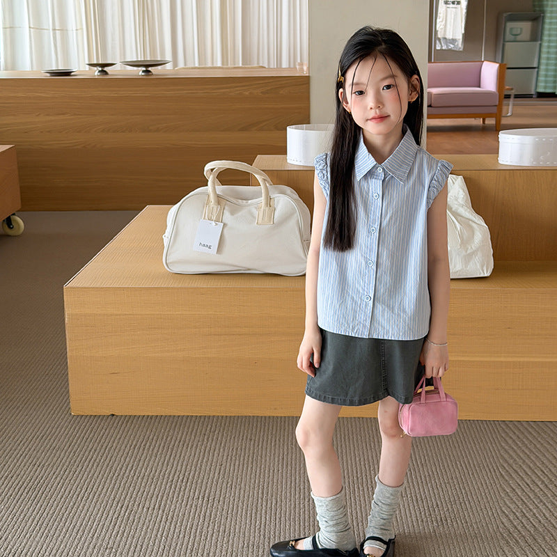【100-170cm】條紋飛袖學院風花邊襯衫 | 短裙