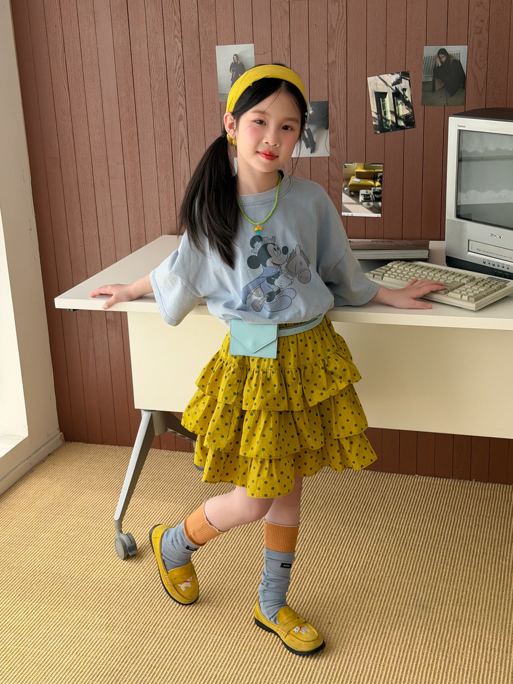 【100-160cm】韓版卡通印花短袖 | 圓點半身裙