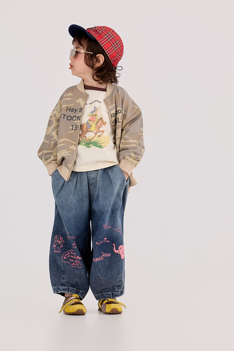 【90-150cm】迷彩條紋字母針織棒球外套