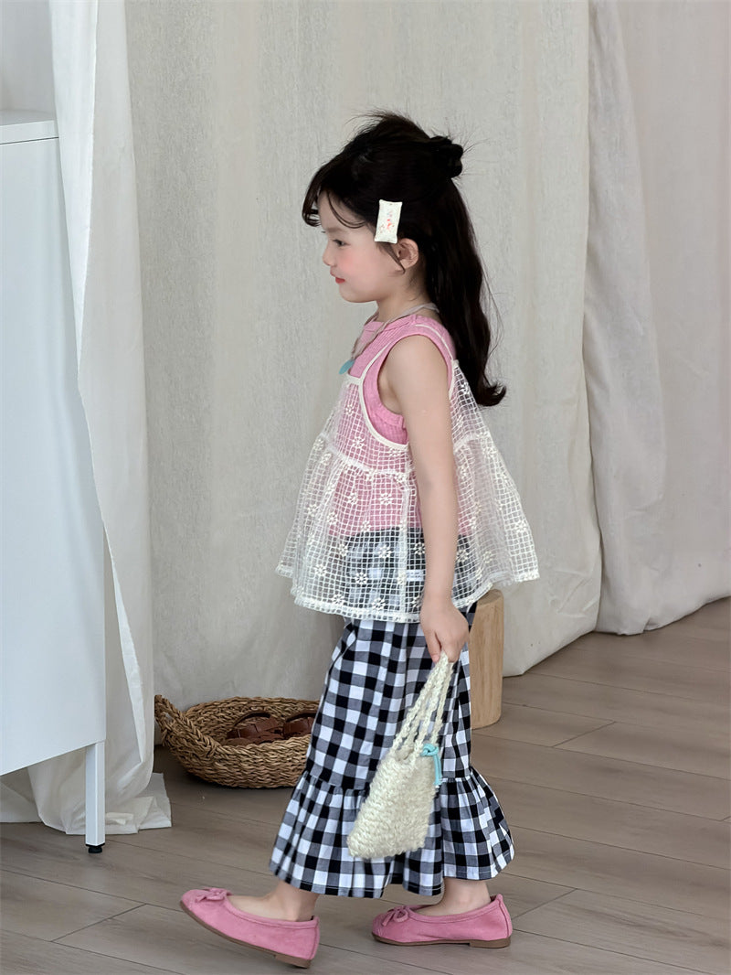【80-130cm】韓版格子荷葉邊九分褲
