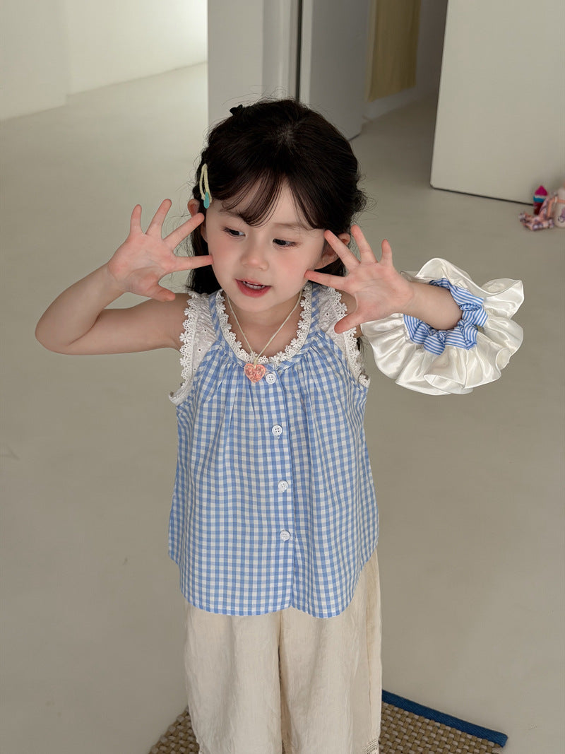 【90-140cm】格子蕾絲拼接背心