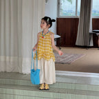 【90-150cm】格子花邊背心 | 棉麻花邊九分褲