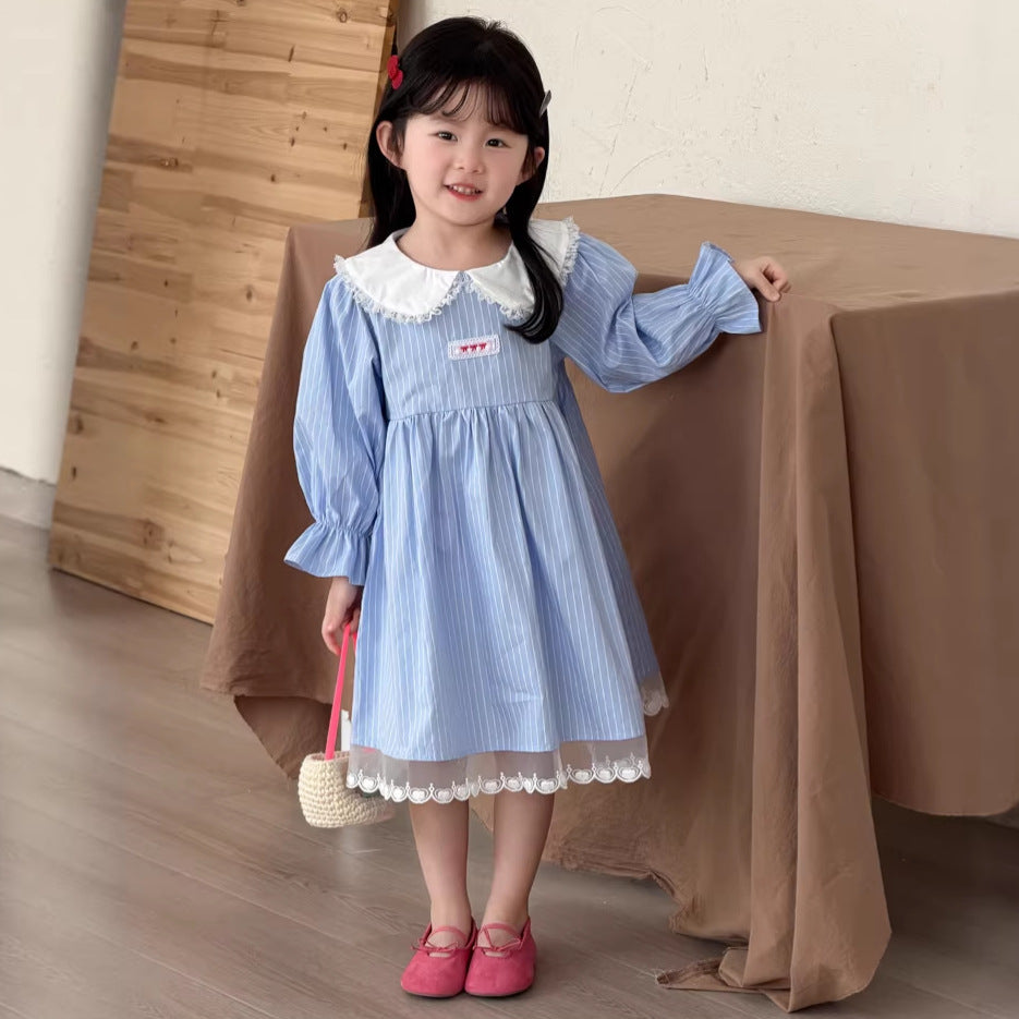 【90-140cm】條紋蕾絲棉布裙洋裝