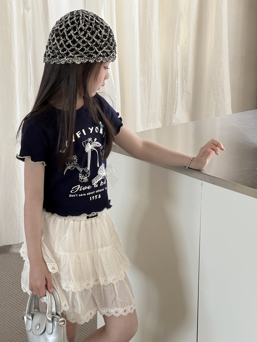 【100-150cm】甜美蕾絲蝴蝶結T