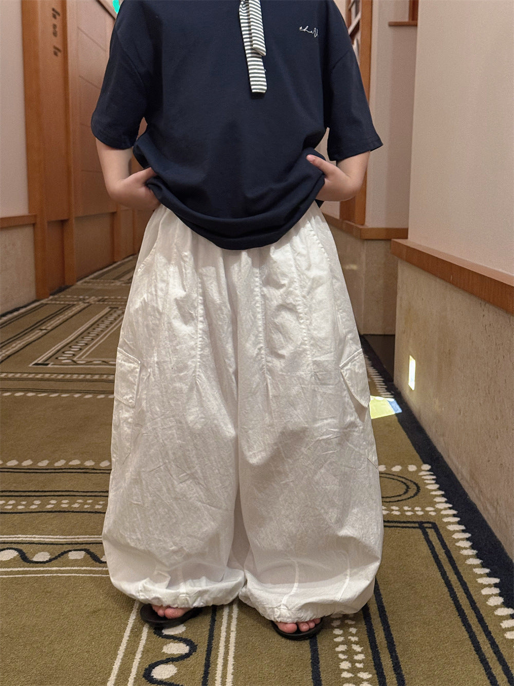 【100-160cm】韓版大口袋休閒闊腿褲