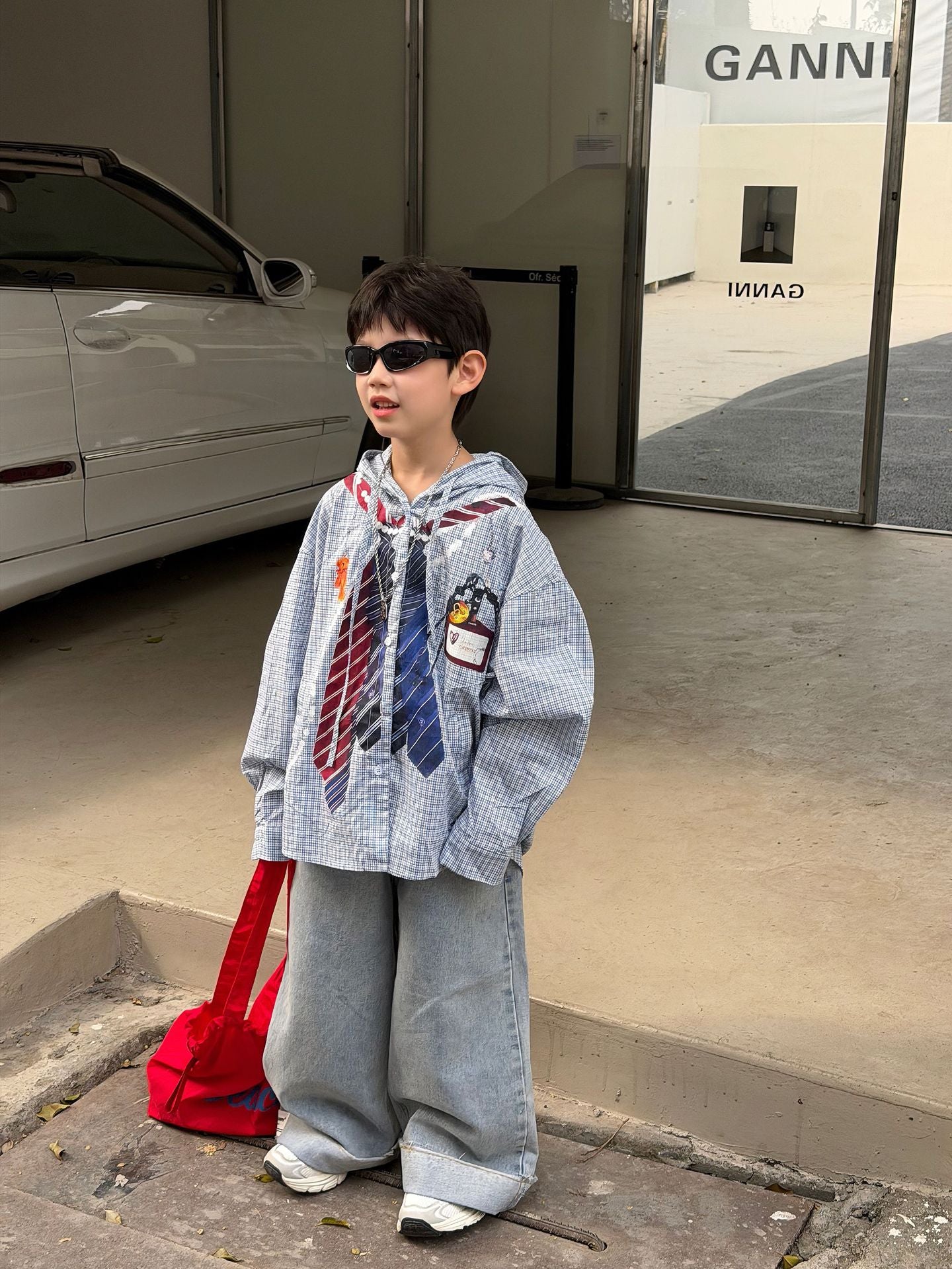 【90-160cm】韓版寬鬆休閒印花連帽襯衫