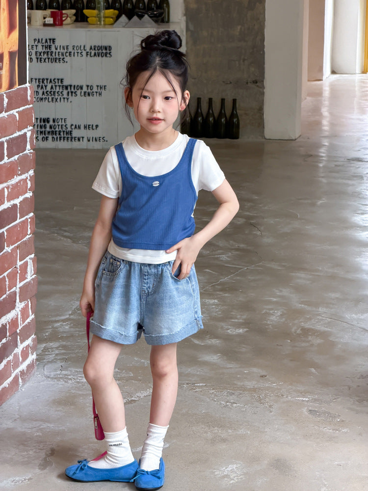 【100-170cm】萊賽爾撞色疊穿假兩件Ｔ
