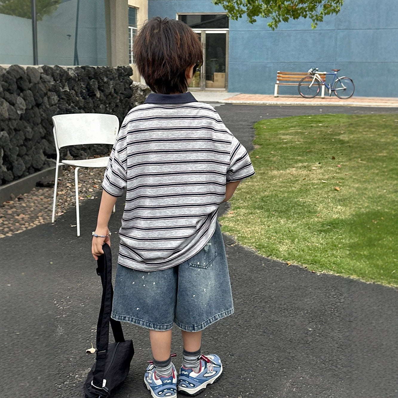 【100-160cm】條紋翻領短袖POLO衫