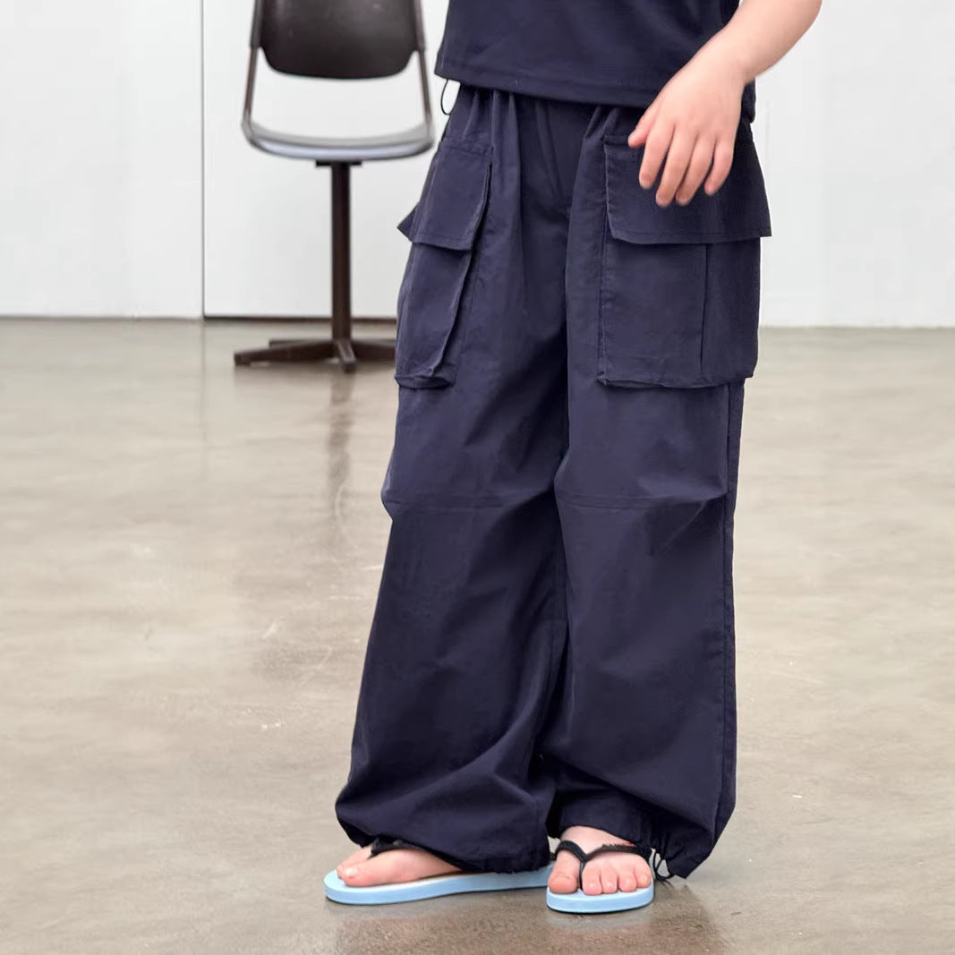 【120-160cm】口袋闊腿工裝褲