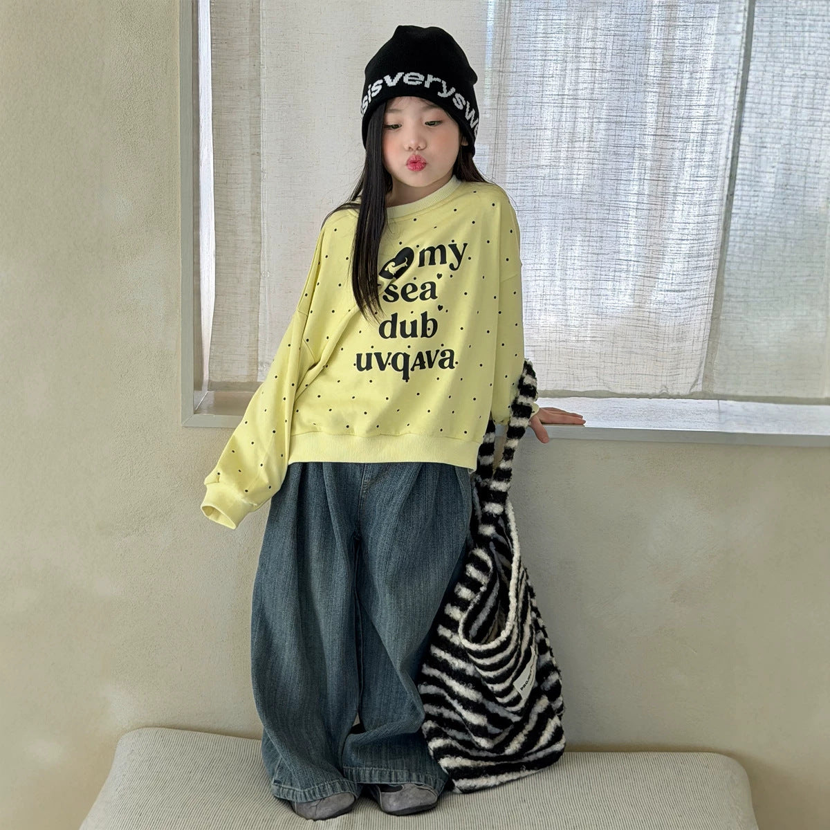 【100-150cm】做舊慵懶牛仔闊腿褲