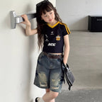 【100-150cm】美式復古做舊水洗破洞牛仔五分褲