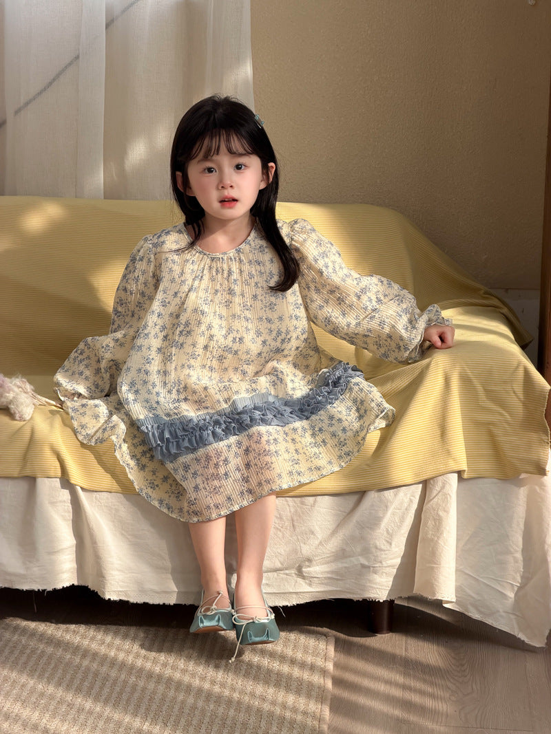【90-140cm】雪紡碎花連身裙 | 小清新拼條公主連身裙