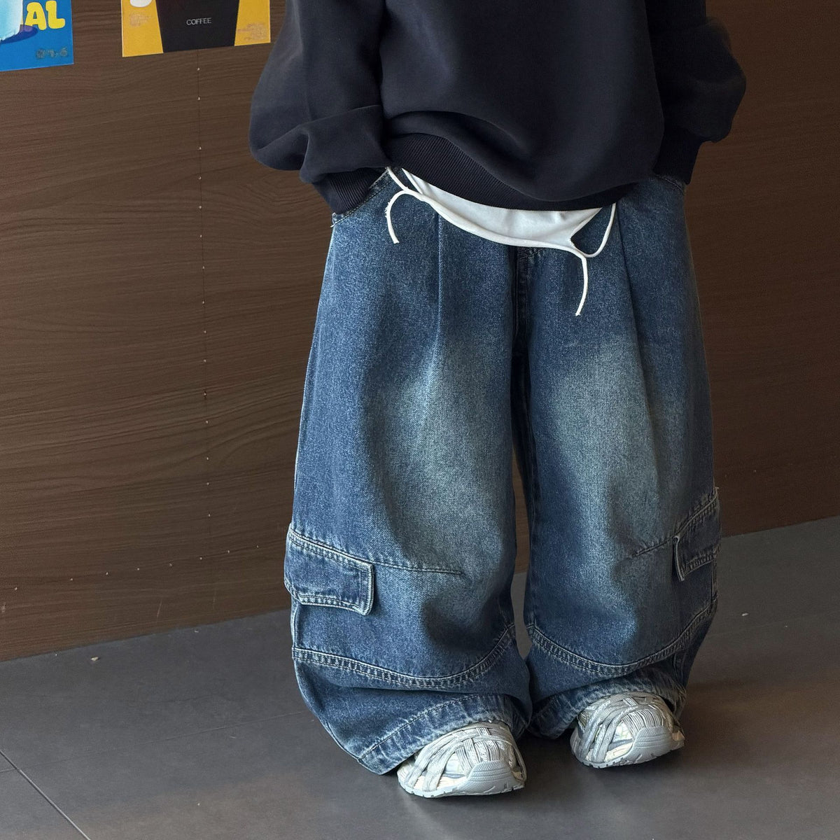 【90-160cm】水洗磨白工裝牛仔褲