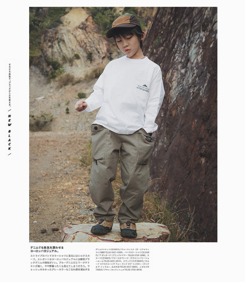 【100-160 cm】大口袋工裝褲復古直筒褲