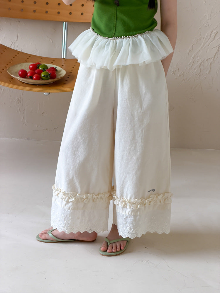 【100-170cm】甜美花邊冰感闊腿褲