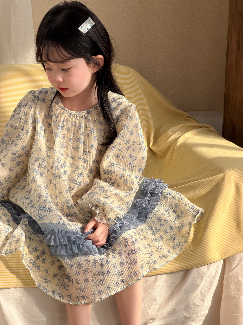 【90-140cm】雪紡碎花連身裙 | 小清新拼條公主連身裙