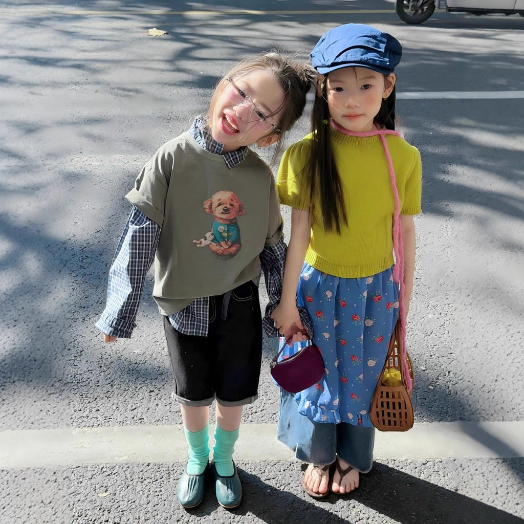 【90-140cm】狗狗短袖疊穿格子襯衫