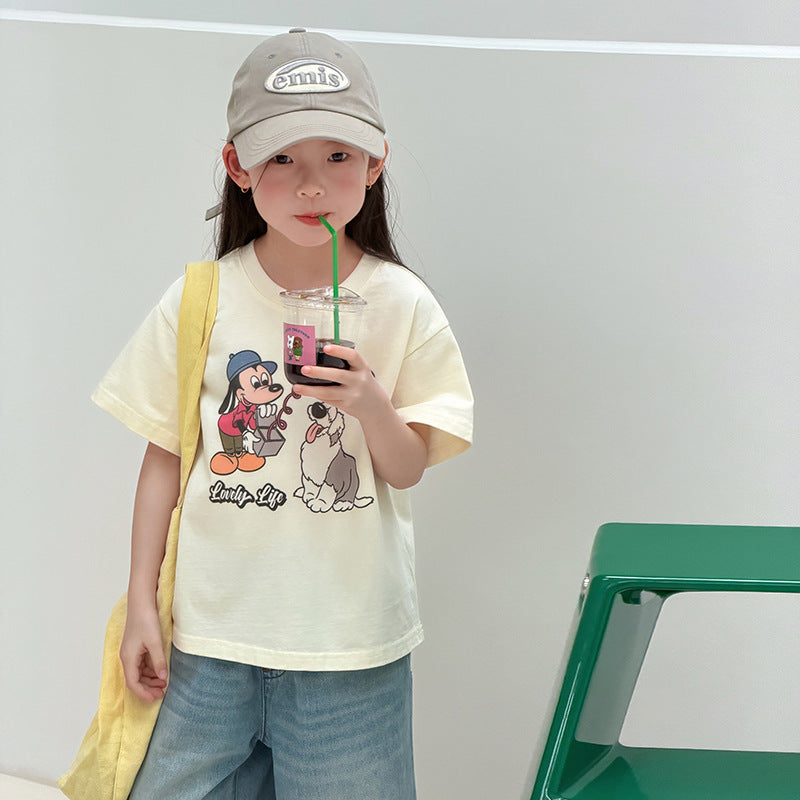 【100-170cm】(2色)韓版休閒寬鬆圓領可愛卡通短袖T