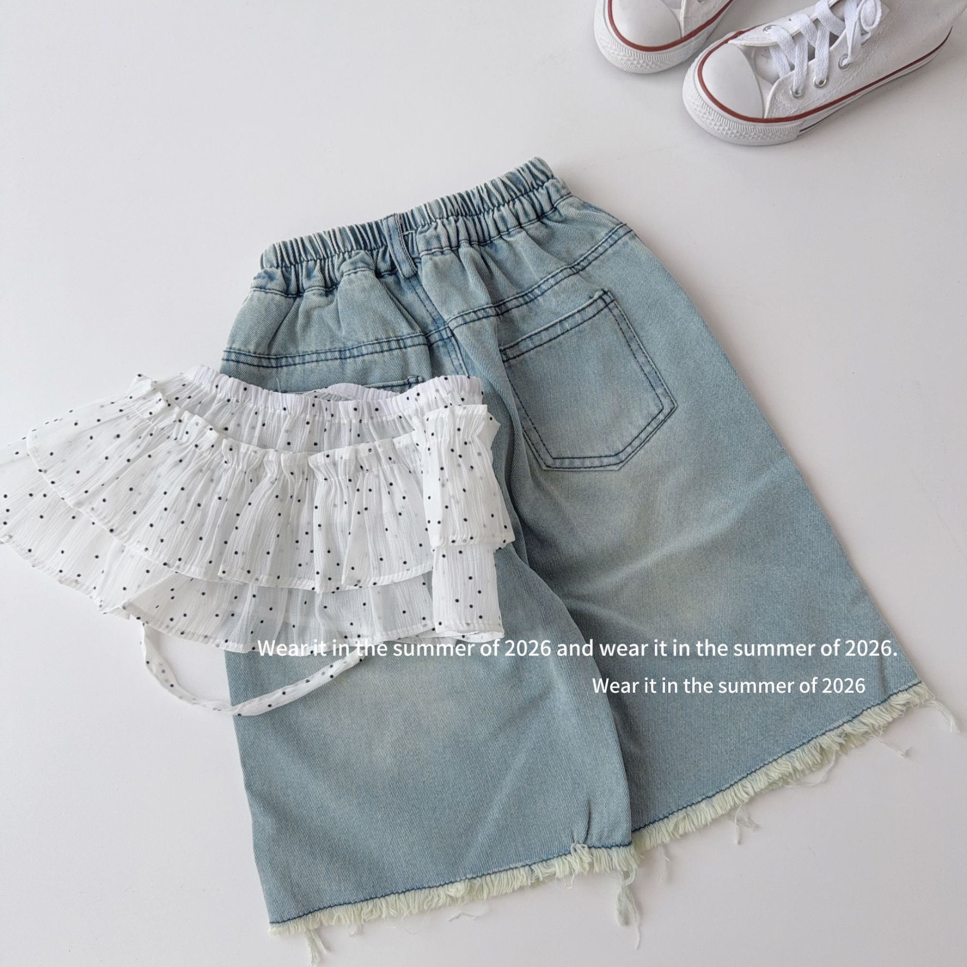 【90-150cm】韓版休閒牛仔褲(附波點屁簾)