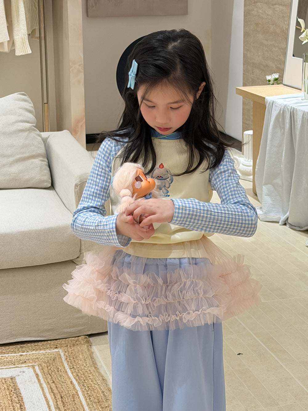 【100-160cm】卡通字母格子拼袖上衣