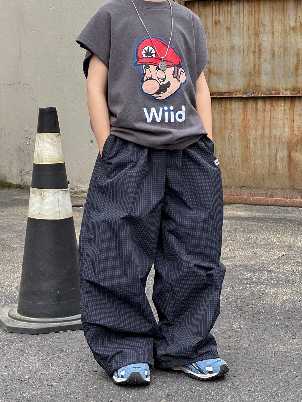 【100-160cm】小格子速乾休閒褲