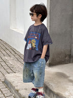 【100-160cm】手工做舊甩漆牛仔五分褲