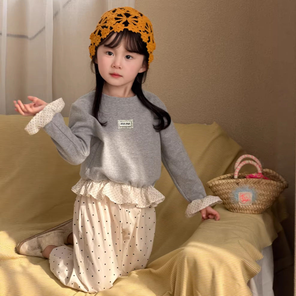 【90-140cm】一波點拼荷葉邊打底衫