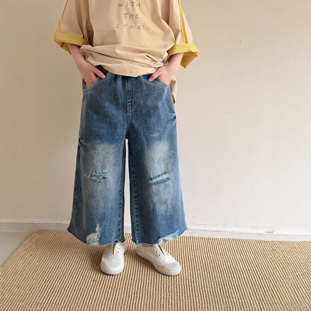 【100-160cm】韓版薄款破洞毛邊九分牛仔褲