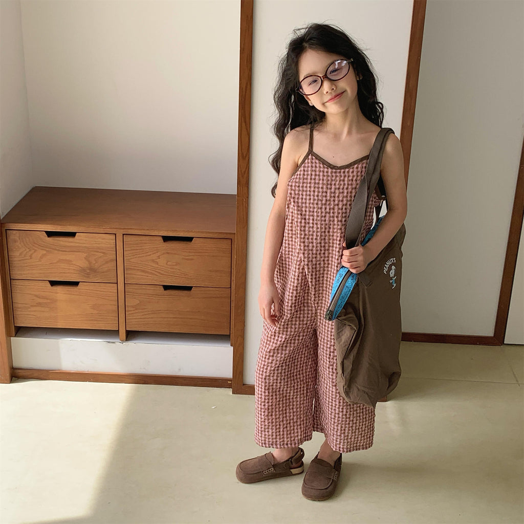 【80-130cm】(3色)格子闊腿吊帶褲