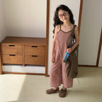 【80-130cm】(3色)格子闊腿吊帶褲
