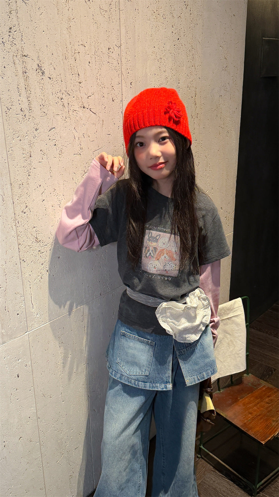 【100-160cm】(2色)撞色假兩件長袖上衣