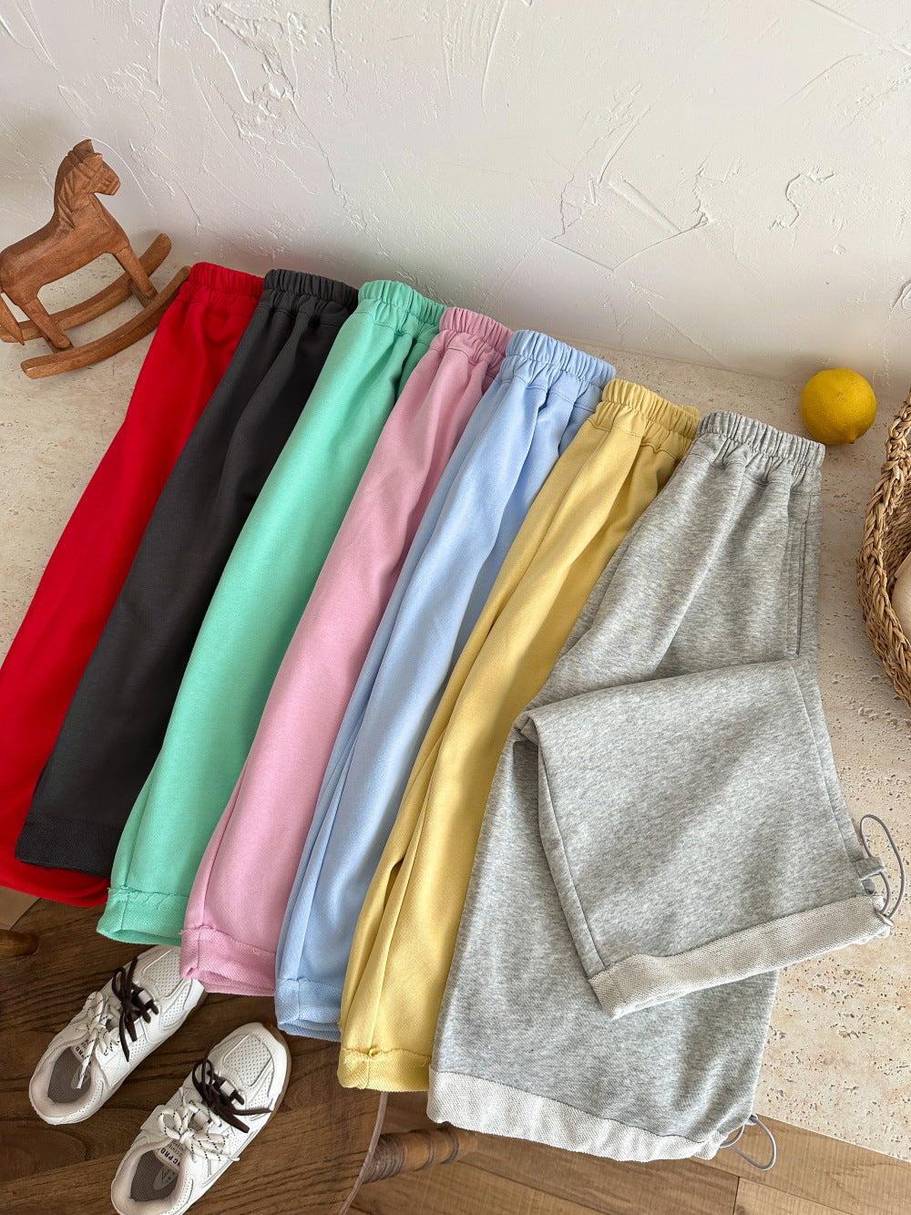 【100-160cm】純色抽繩兩穿百搭寬鬆褲