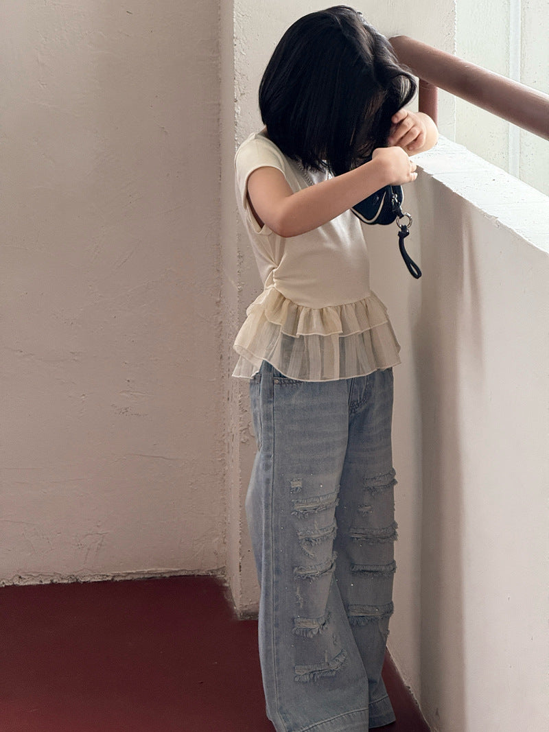 【120-160cm】破洞鑽牛仔直筒褲