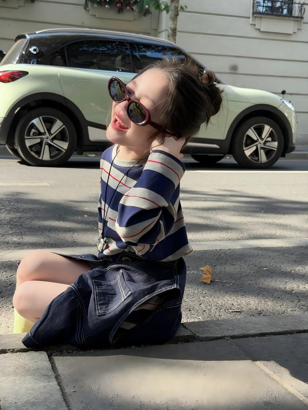 【90-140cm】寬鬆條紋T恤 | 牛仔馬甲 | 不規則針織短褲