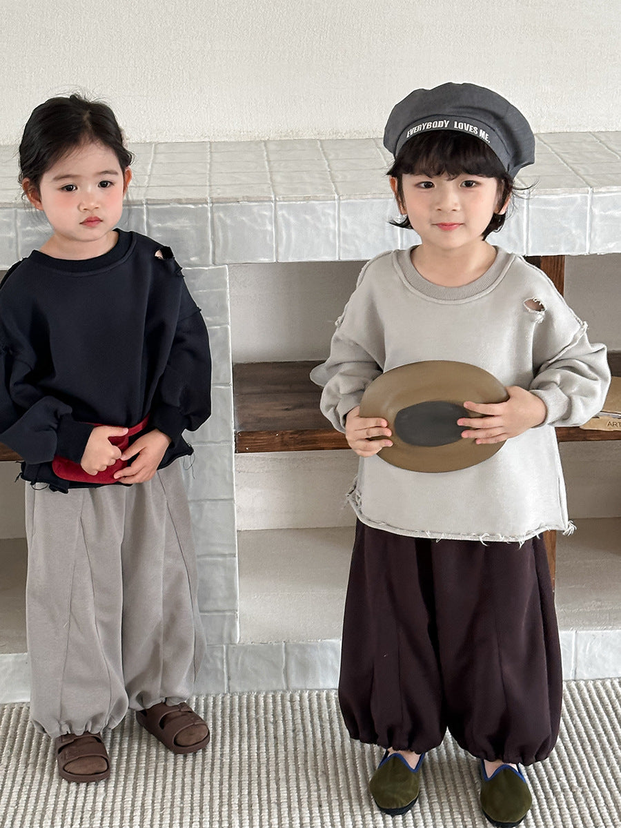 【80-140cm】淨色拼接針織寬鬆燈籠褲