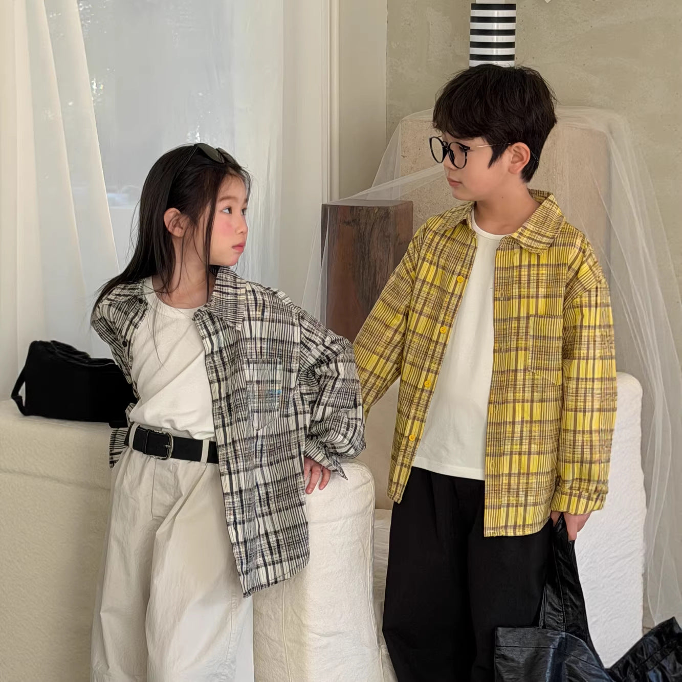 【100-160cm】格紋寬鬆翻領襯衫