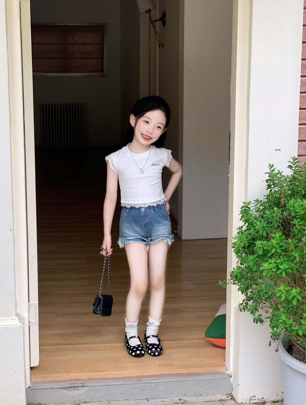 【90-150cm】辣妹字母蕾絲T | 復古牛仔短褲