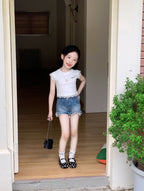 【90-150cm】辣妹字母蕾絲T | 復古牛仔短褲