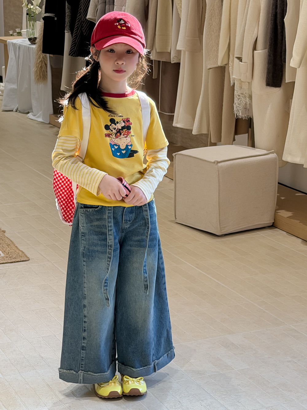 【100-160cm】復古高級感折邊寬鬆牛仔褲