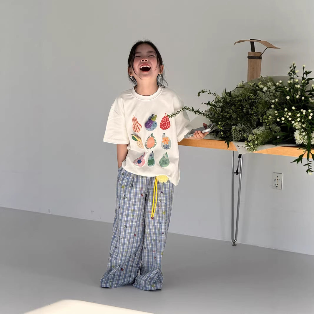 【120-160cm】星星格子寬鬆直筒褲